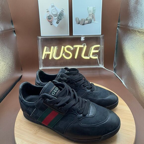 Gucci Guccissima Black Leather and Classic Web Men's Sneakers Sz 7.5 - Picture 1 of 12
